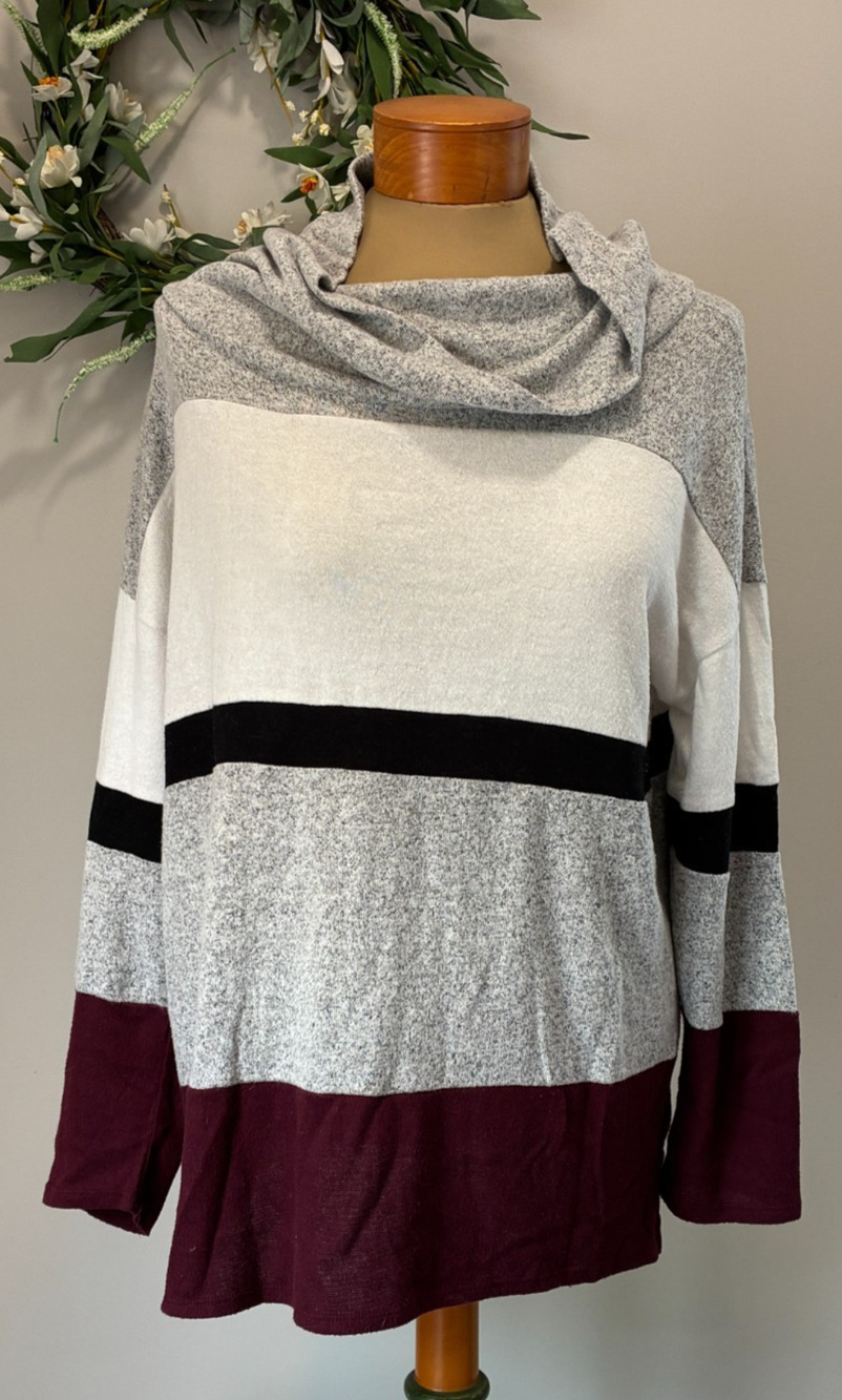 Active Women’s Colorblock Cowl Neck Long Sleeve Top Size L Gray White Burgundy